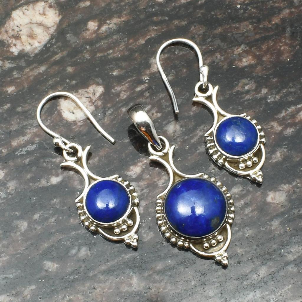 Natural Lapis Lazuli Gemstone Pendant Earrings Jewelry Sets, 925 Sterling Silver, Dangle Drop Earrings, Handmade Jewelry Set, Gift for Easter