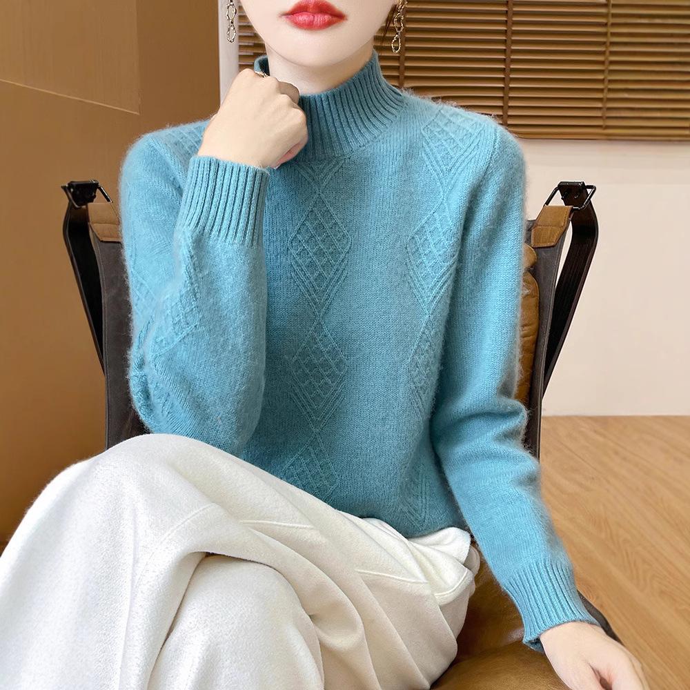 Ladies' Diamond Pattern High Neck Wool Knit Sweater - Thickened for Autumn/Winter