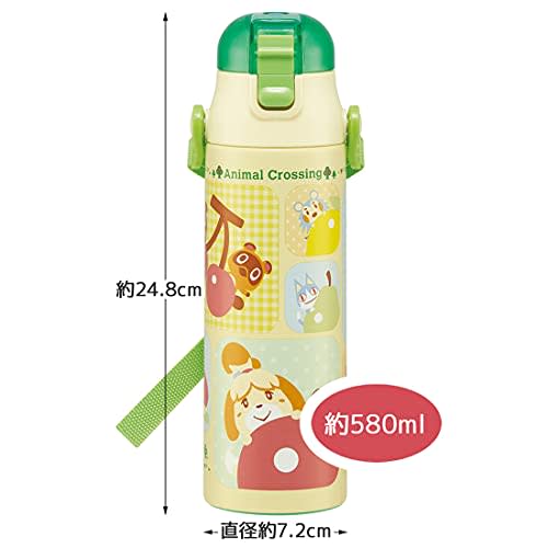 Skater Kids' Stainless Steel Water Bottle, 2-Way Design, 580ml (Direct Drinking) or 570ml (Cup Drinking), Animal Crossing Design, Lightweight and Chil