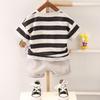 "Boys' 2023 Summer Striped Short-Sleeve Two-Piece Suit - Korean Style Trendy Casual Outfit"