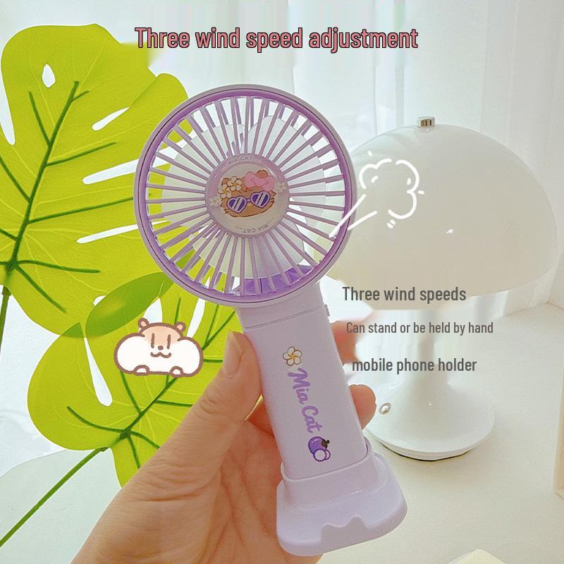 Portable Cartoon Fan: USB Rechargeable Silent Mini Fan with Phone Holder & Strong Wind Power