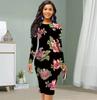 Long Sleeve Waist Tight Office Slim Fit Rhododendron Printing Elegant Bodycon Dress