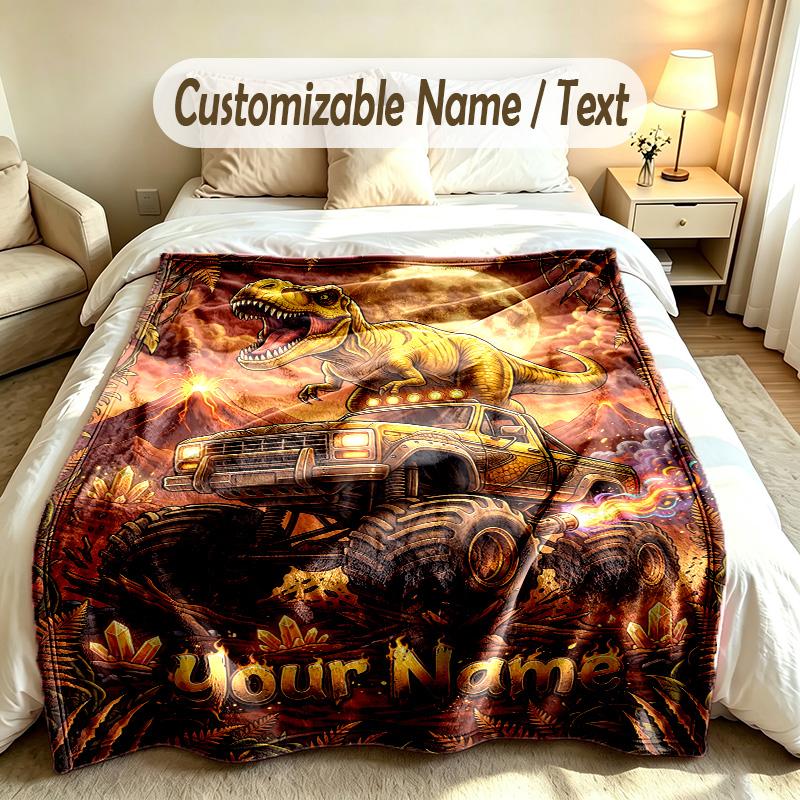 Monster Truck Theme Custom Blanket Personalized Name & Text Customized Soft Warm Throw Blanket Home Decor