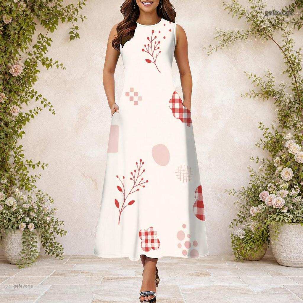 Women Plus Size Round Neck Sleeveless Floral Plaid Printed A Line Dress With Side Pockets