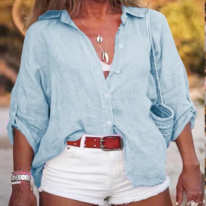 Женская весенне-летняя однотонная свободная рубашка из хлопка и льна с рукавами три четверти