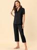 Cheibear Pajama Short Sleeve Solid Satin Top and Capri Size S Women's Set, Pants, Black,