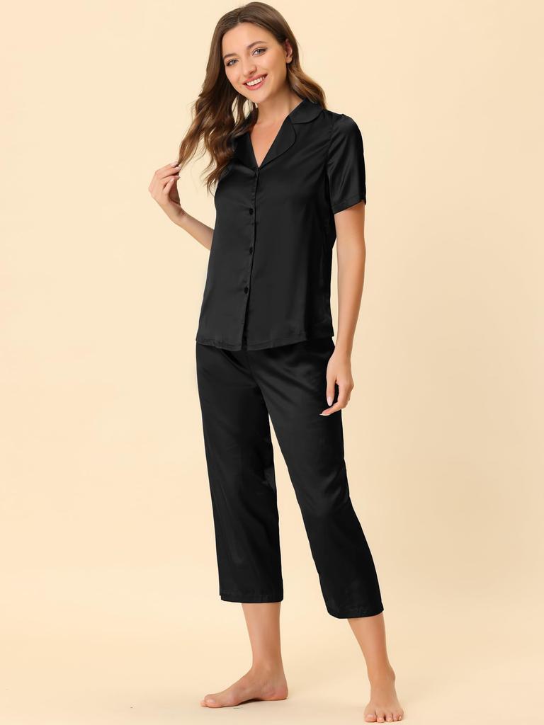 Cheibear Pajama Short Sleeve Solid Satin Top and Capri Size S Women's Set, Pants, Black,