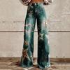 Women Jeans Button Zipper Fly Straight Leg Denim Pants with Pockets Digital Flower Print Long Trousers Streetwear