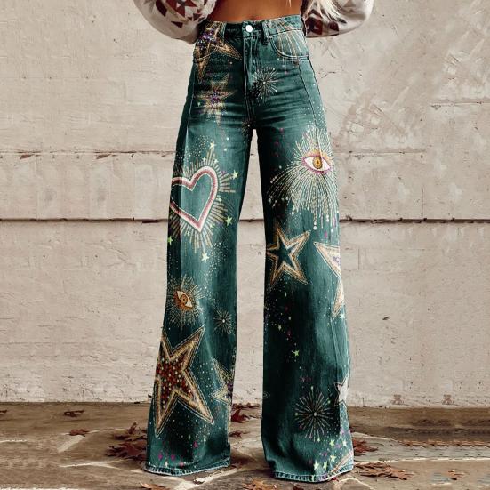 Women Jeans Button Zipper Fly Straight Leg Denim Pants with Pockets Digital Flower Print Long Trousers Streetwear