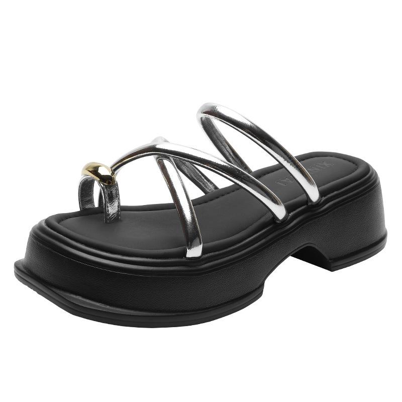 Серебристые женские летние шлепанцы на толстой подошве премиум-класса, новые, с зажимом для пальцев, сандалии-полушлепки, подошва-маффин, пляжная обувь