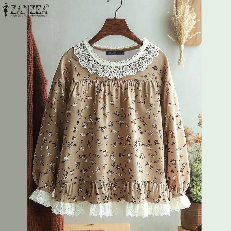 ZANZEA Женские повседневные кружевные блузки с круглым вырезом и цветочным принтом с длинным рукавом