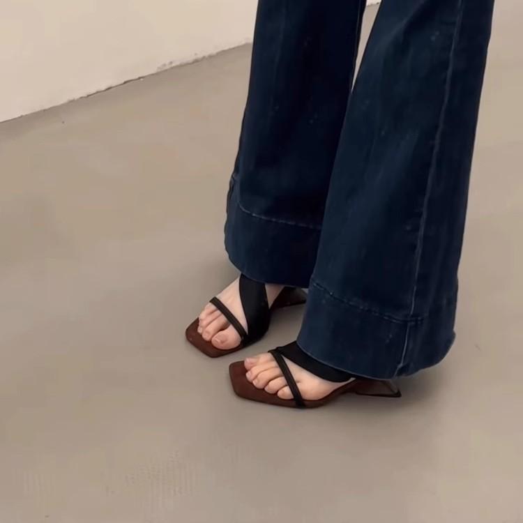 Soft Leather Version~ French Retro Square Head Casual Word with Sandals Daily Wear Two High-heeled Sandals 2025 New Models
