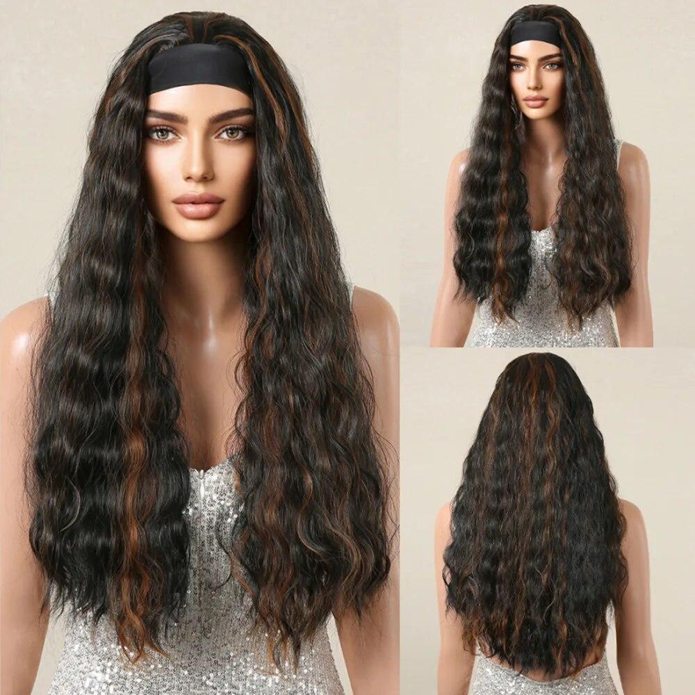 ALAN EATON Длинные каштаново-коричневые вьющиеся повязки на голову, парики для чернокожих женщин, термостойкое волокно, повязка на голову высокого качества для волос, ежедневная вечеринка