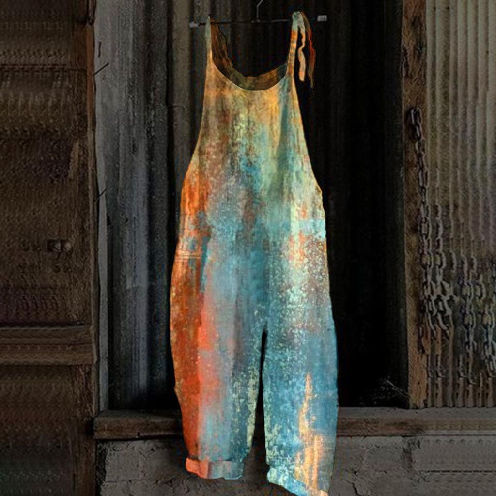 Женский комбинезон с принтом, повседневный, свободный, винтажный, с бретельками, из хлопка и льна