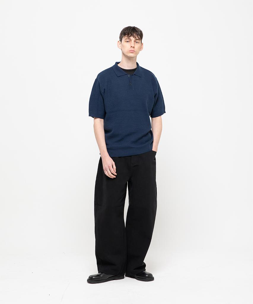 CHAMBROS Oversized Collared Short Sleeve Knit [Navy Solid]