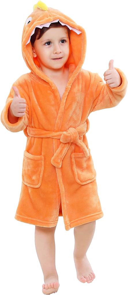 LOLANTA and Flannel Bathrobe with Hood and Waist Dinosaur Warm Winter Ages Kids' Baby's Belt, Design, Outfit, Orange, 2-3
