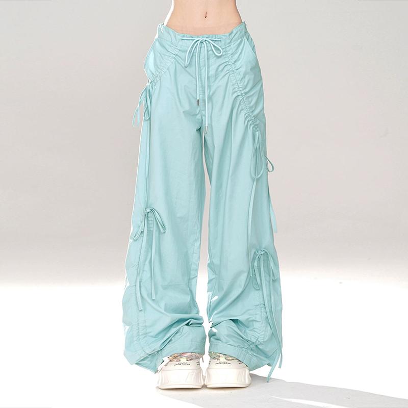 VONDA Women Summer Elastic Waist Drawstring Tie Solid Color Pants