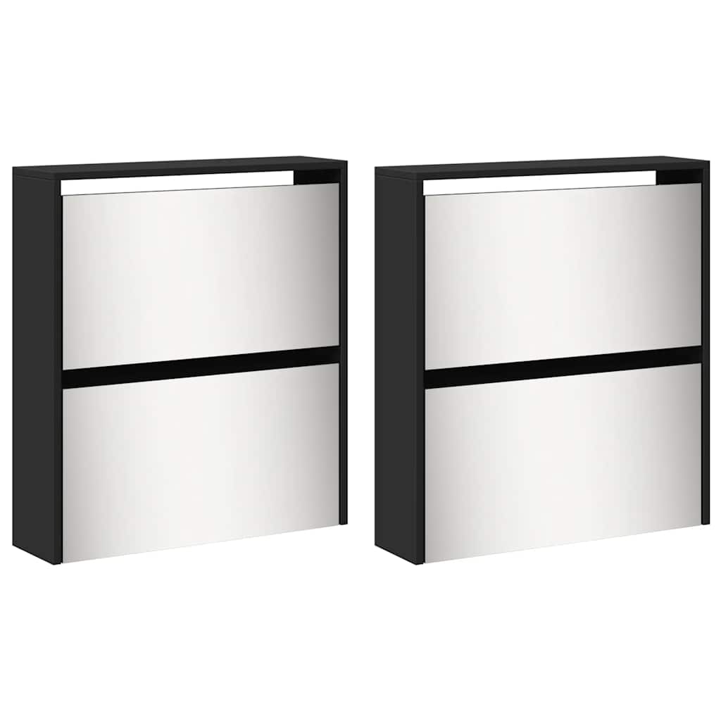Shoe Cabinet with Mirror 4 Flip Down Compartments Black 63 x 17 x 134 cm