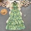 Summer Green Tie Dye Chiffon Cascading Ruffles Beach Sundress Women's Halter Bandage Backless Print Cake Long Holiday Dresses