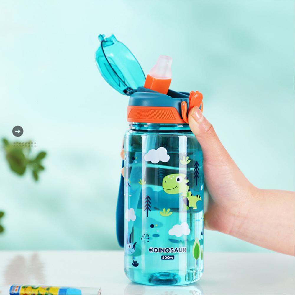 600ml Cartoon Water Bottle Equipped With Straw Portable Kids Water Sippy Cup Leakproof Plastic Water Bottles Summer Travel Kids Water  Practical Use