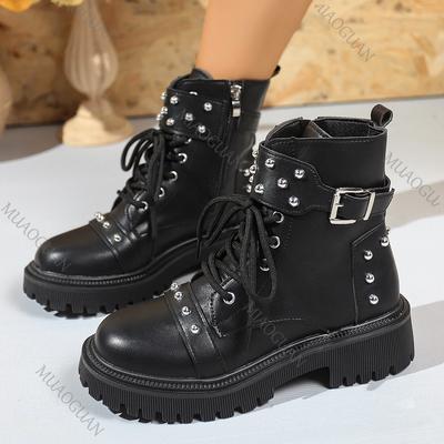 Модные черные ботильоны на толстой подошве с заклепками для женщин в панк-стиле с ремешком и пряжкой, весенне-осенние женские туфли, модные ботильоны на платформе