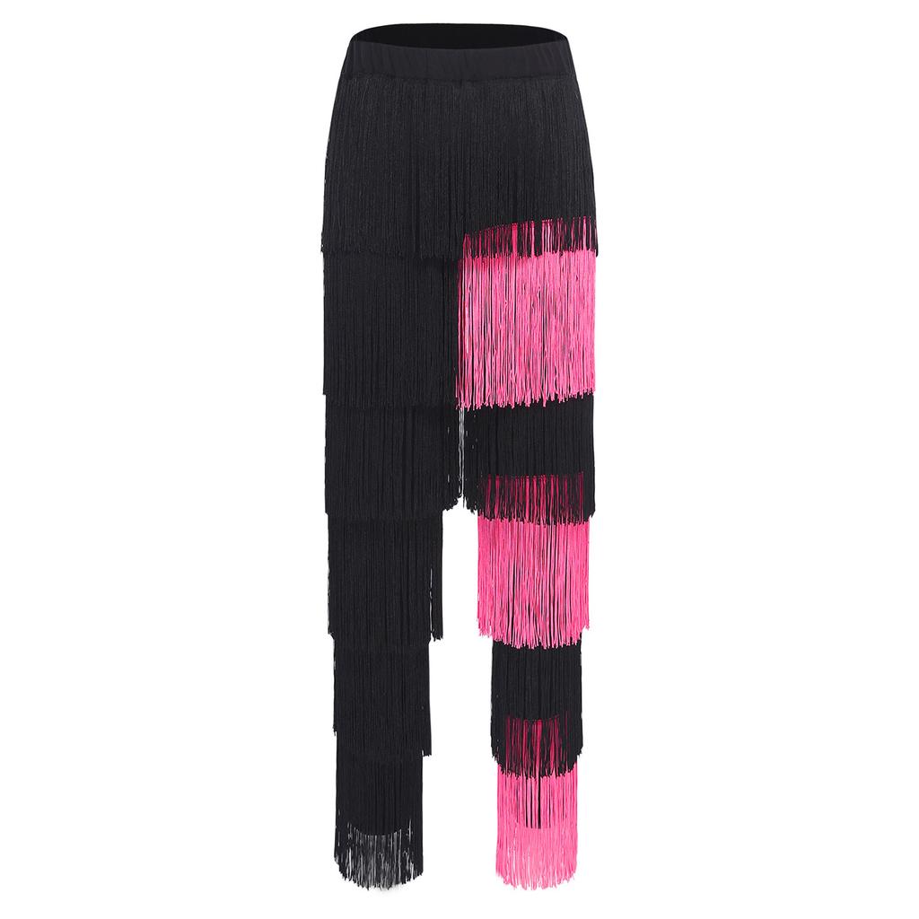 Womens Latin Dance Fringe Pants Elastic Waistband Contrast Color Tassel Trousers Cha Cha Tango Rumba