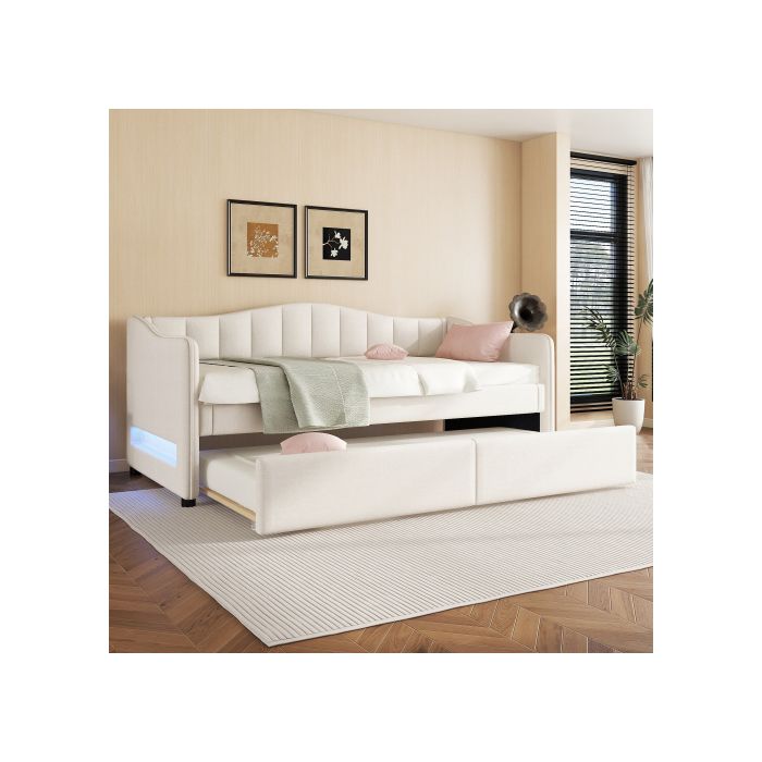 Кушетка - Минималистичная - 90x200 см - Бежевая - Выдвижная кровать - Регулируемая светодиодная подсветка