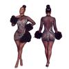 CY901119 European and American fashion stand-up collar perspective sexy connection hot diamond hip-wrapped long-sleeved women's dress