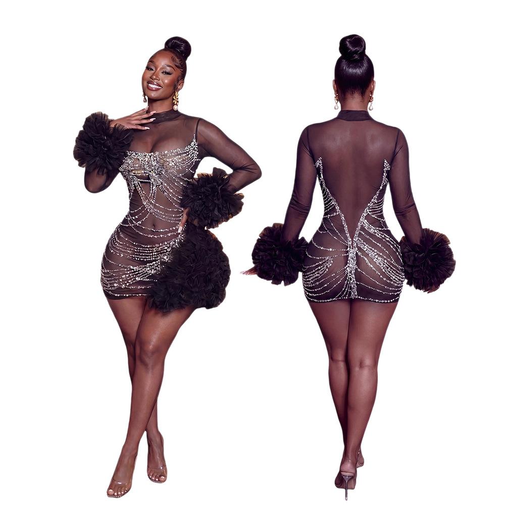CY901119 European and American fashion stand-up collar perspective sexy connection hot diamond hip-wrapped long-sleeved women's dress