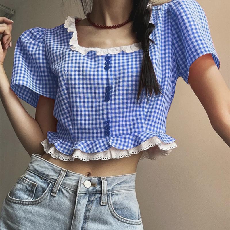 VONDA Женские летние кружевные блузки с квадратным вырезом в клетку с коротким рукавом и пузырьками