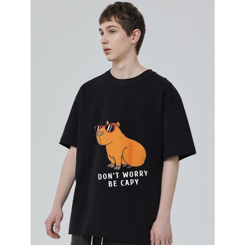 Crew Neck T Shirt Black Capybara with Sunglasses and Don T Worry Be Capy Text Casual Wear for Men and Women