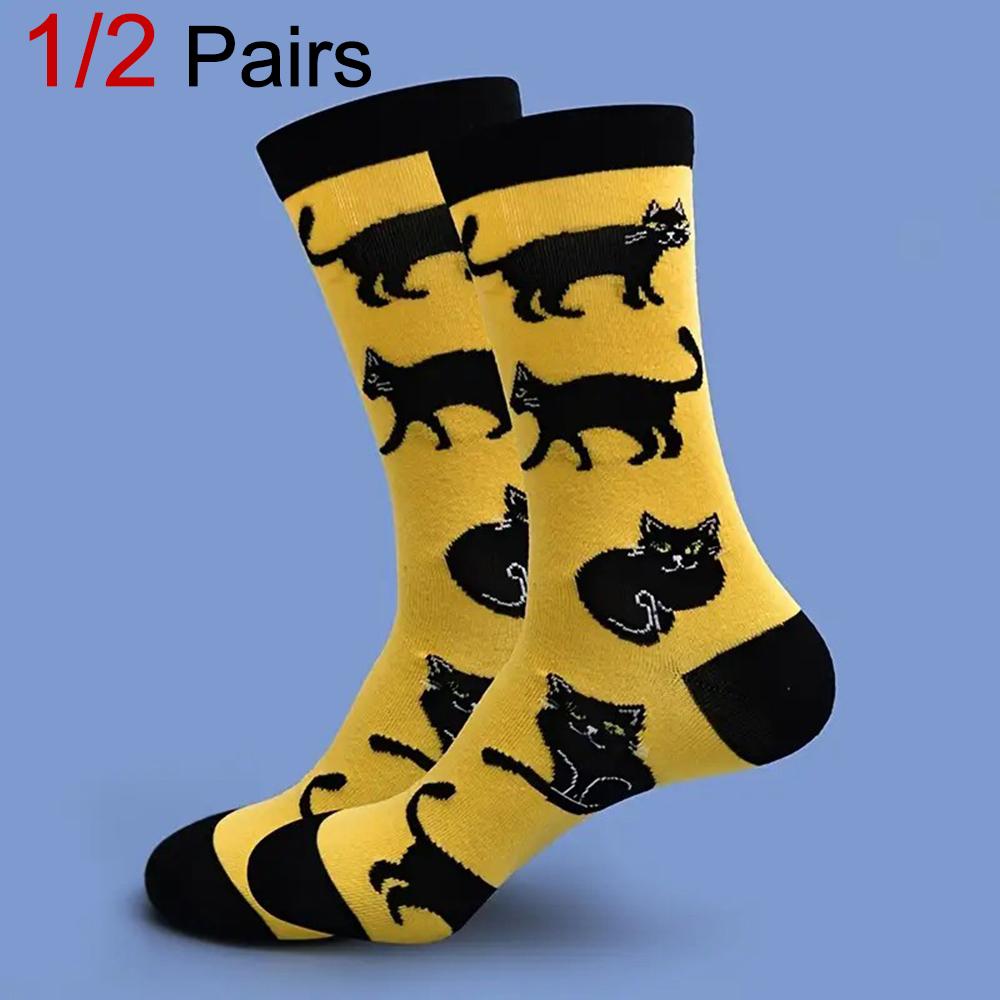 1/2 Pairs Cartoon Cat Pattern Men Cotton Mid Tube Socks Fashionable Printing Soft Comfortable Breathable Sports Leisure Socks