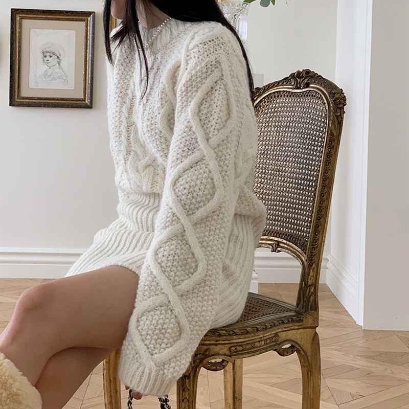 Осень Зима Твист Элегантное Женское Вязаное Платье-Свитер Ретро Повседневное Свободное С Длинным Рукавом О Круглым Вырезом Пуловер Короткие Платья Офис Новая Приталенная Одежда