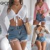 Summer Hollowed-out Striped Tie Long-sleeved Crop Top Knitted Cardigan for Women with Sun Protection