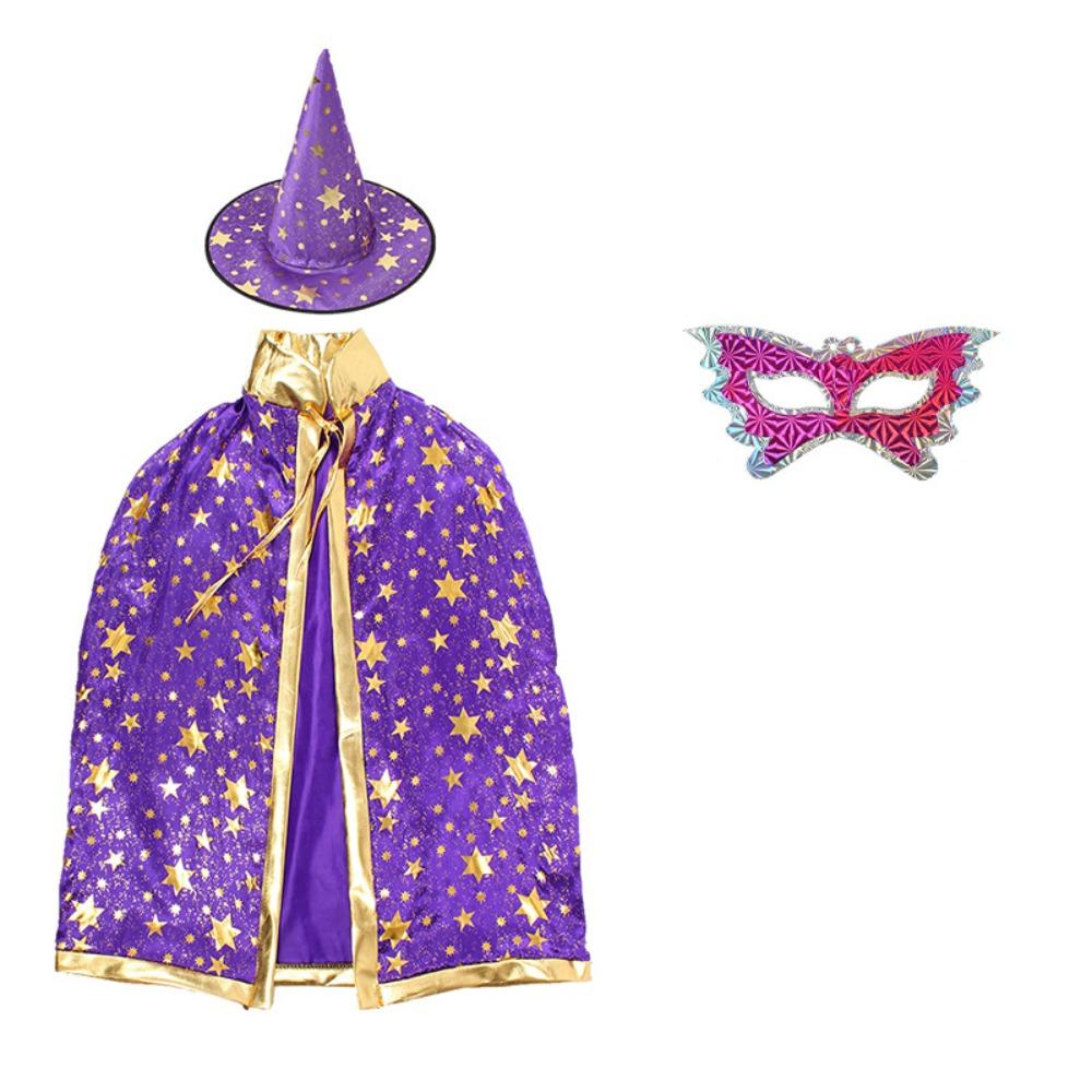 3pcs Bronzing Star Wizard Cloak Hat Eye Mask Set Magician Role-Play Costume Kit Party Costume