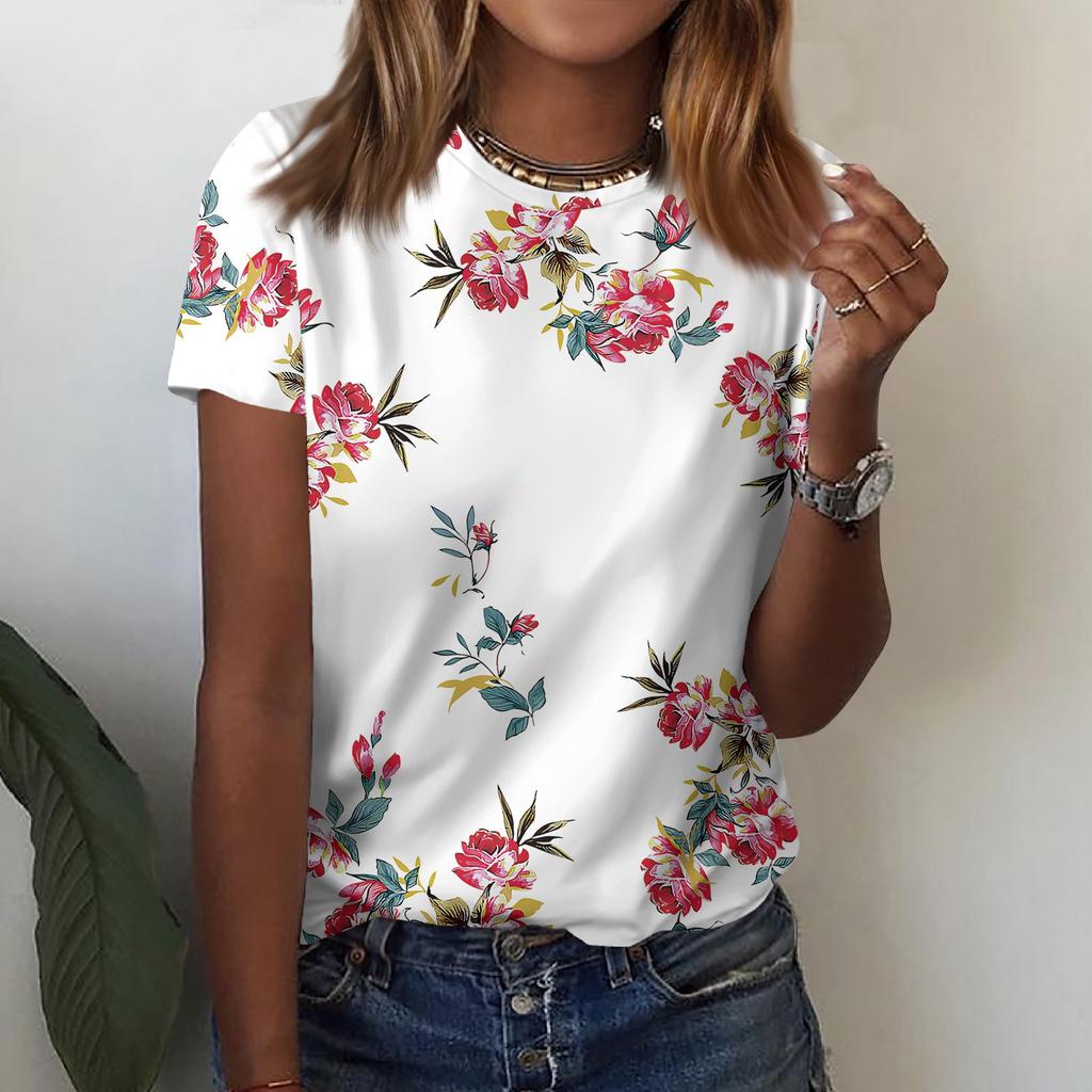 Женская футболка с короткими рукавами и круглым вырезом, модная футболка с цветочным принтом, повседневный топ, топ с короткими рукавами длиной до плеч