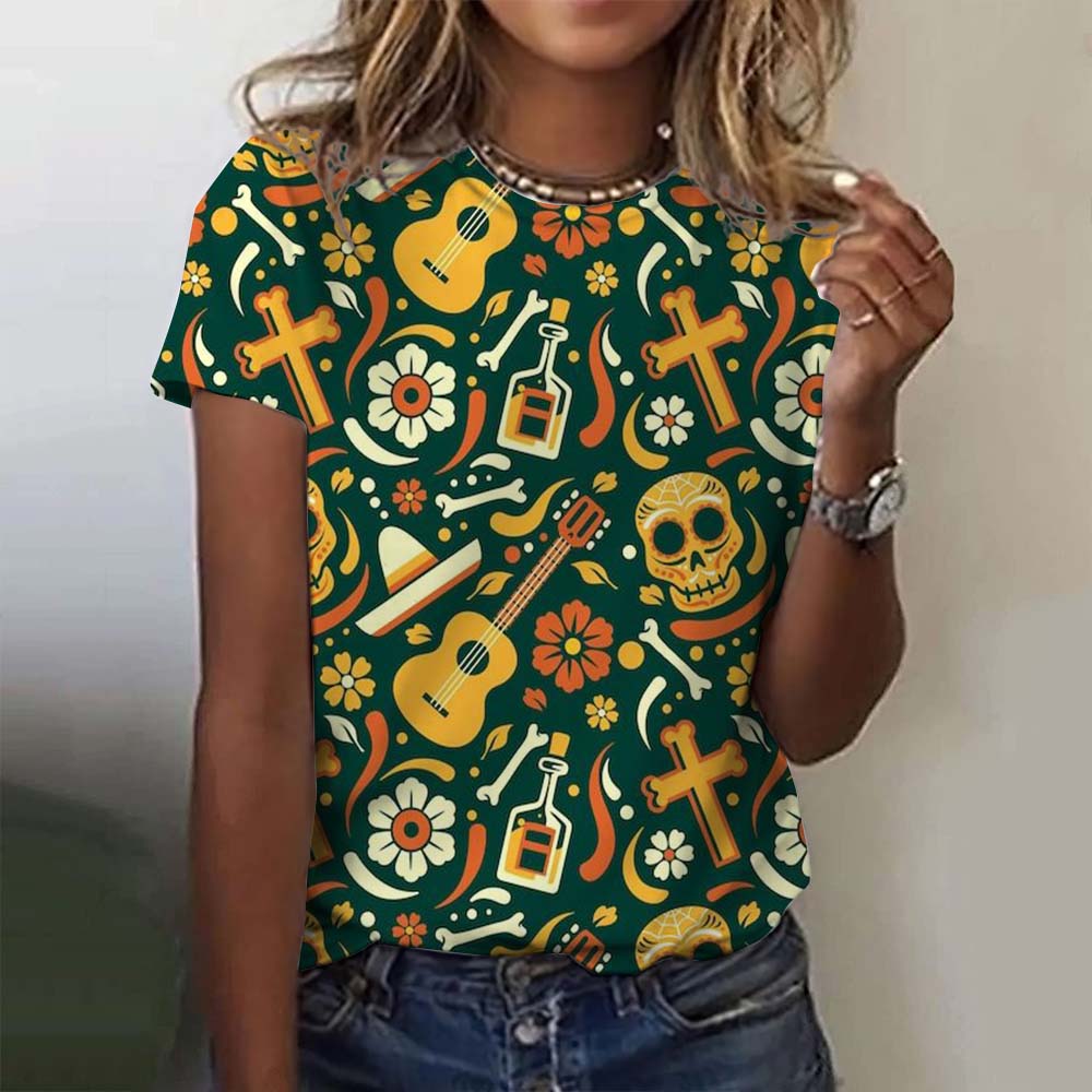 Summer Round Neck 3D Colorful Skull Pattern Print Top Fashionable Casual Short Sleeved Women's T-shirts