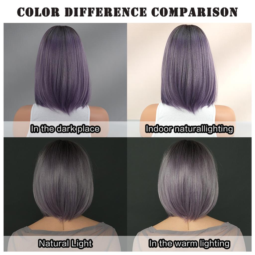 2025 New Gradient Gray Purple Short Straight Wig for Women - Side Bangs Bob Wig Synthetic Machine Made Full Cap, 4 Colors Available