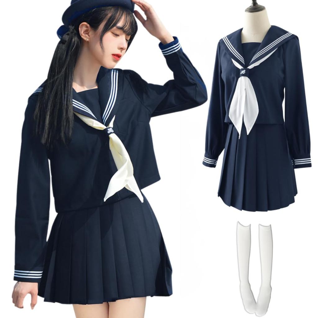 BeLoved Full Sailor Uniform Set White Navy Blue for High School Junior High School and Cute and Cute for Cosplay Halloween Loose Popular for School