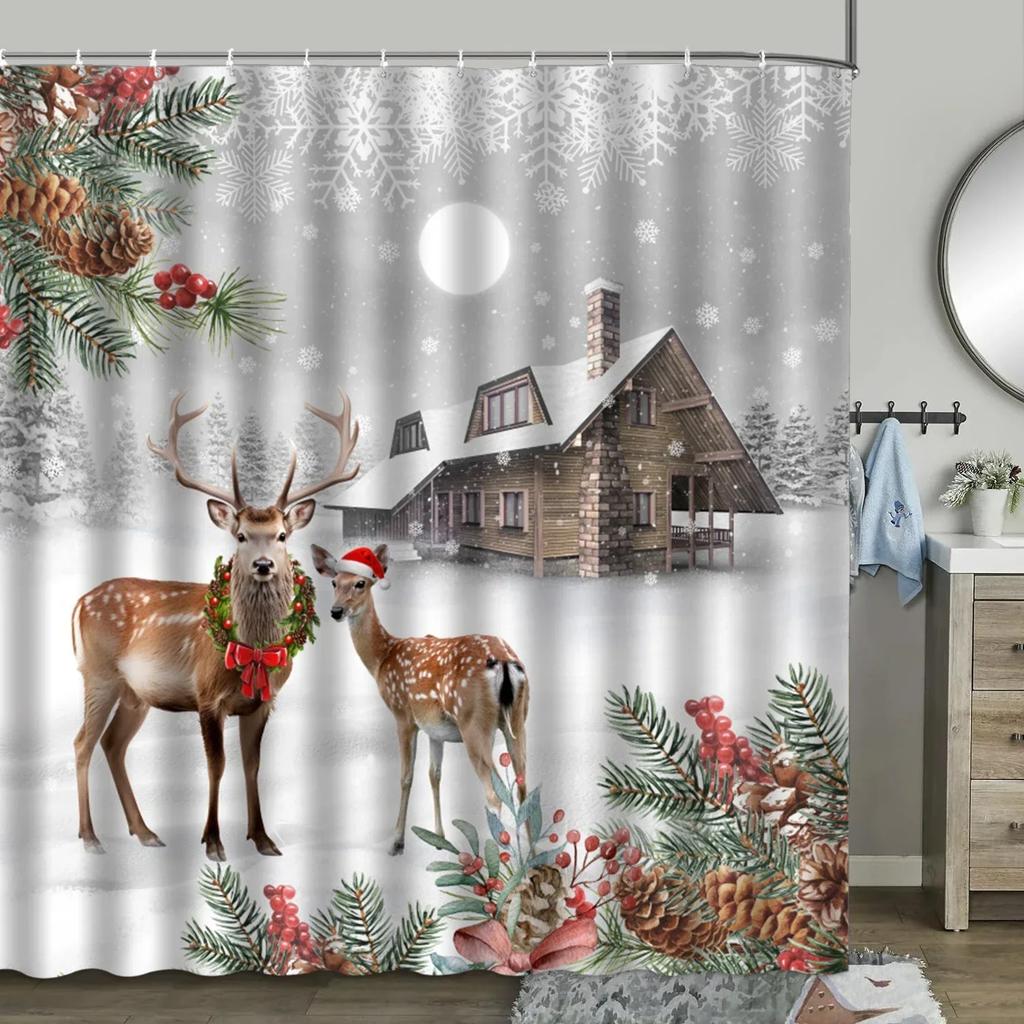 Christmas Shower Curtain, Winter Farm Barn Snowman Animal Moose Berry Christmas Tree Snow Scene Red Bird Bathroom Decoratio.
