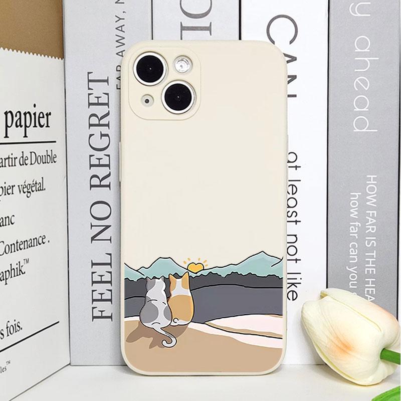 Cute Cartoon Cat Dog Couple Phone Case For iPhone 16 15 14 13 12 11 Pro Max Mini X XS SE 7 8 Plus 16E Shockproof Non-Slip Cover