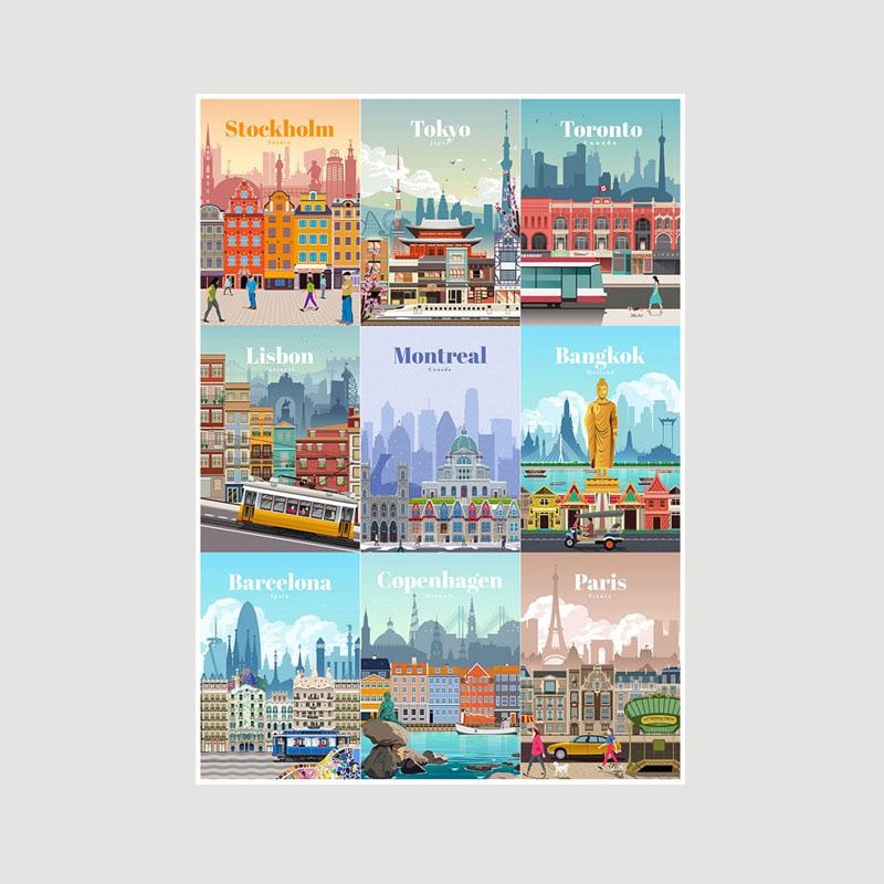 White Paper Cartoon City Landscape Poster Mural London Paris Travel Cities Prints Bedroom Decoration Painting Funny Abstract Wall Art Decor