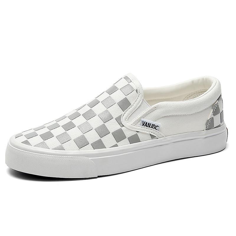 Весенняя Новая Обувь для Мужчин Холщовая Повседневная Обувь Модная Клетчатая Плоская Обувь для Скейтборда Отражающая Свет Слипоны Лоферы