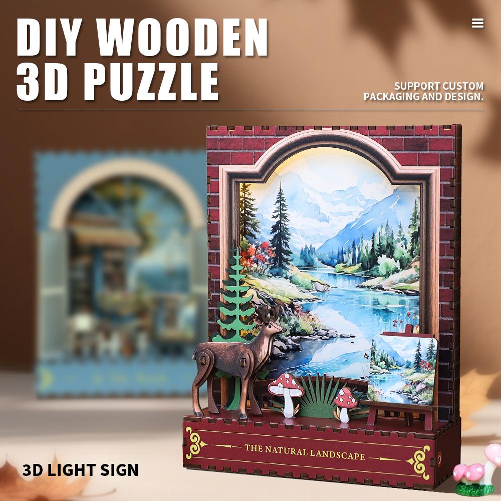 OCHOICE Drop Shipping MOQ=1 Themed Book Nook Kit Mountain Forest Deer LED Miniature DIY Craft for Adults 3D Wooden Puzzle