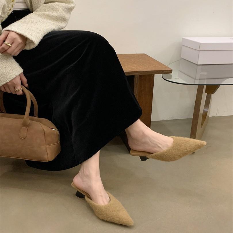 Suede Muller Shoes Autumn and Winter Special-shaped Heel Autumn and Winter Fluffy Slippers Women's Outer Wear Bag Head Rabbit Hair Warm French Sma