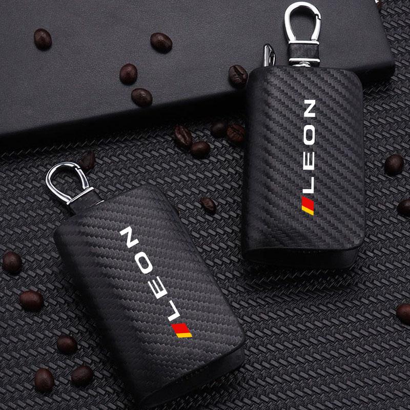 Carbon Fiber Car Key Chain Holder Case Cover Bag For Seat LEON Logo Auto Accessories