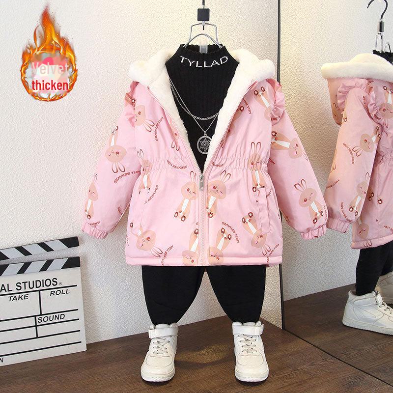 Стильное зимнее бархатное пальто 2024 года для девочек младшего возраста - теплая верхняя одежда с хлопковой подкладкой