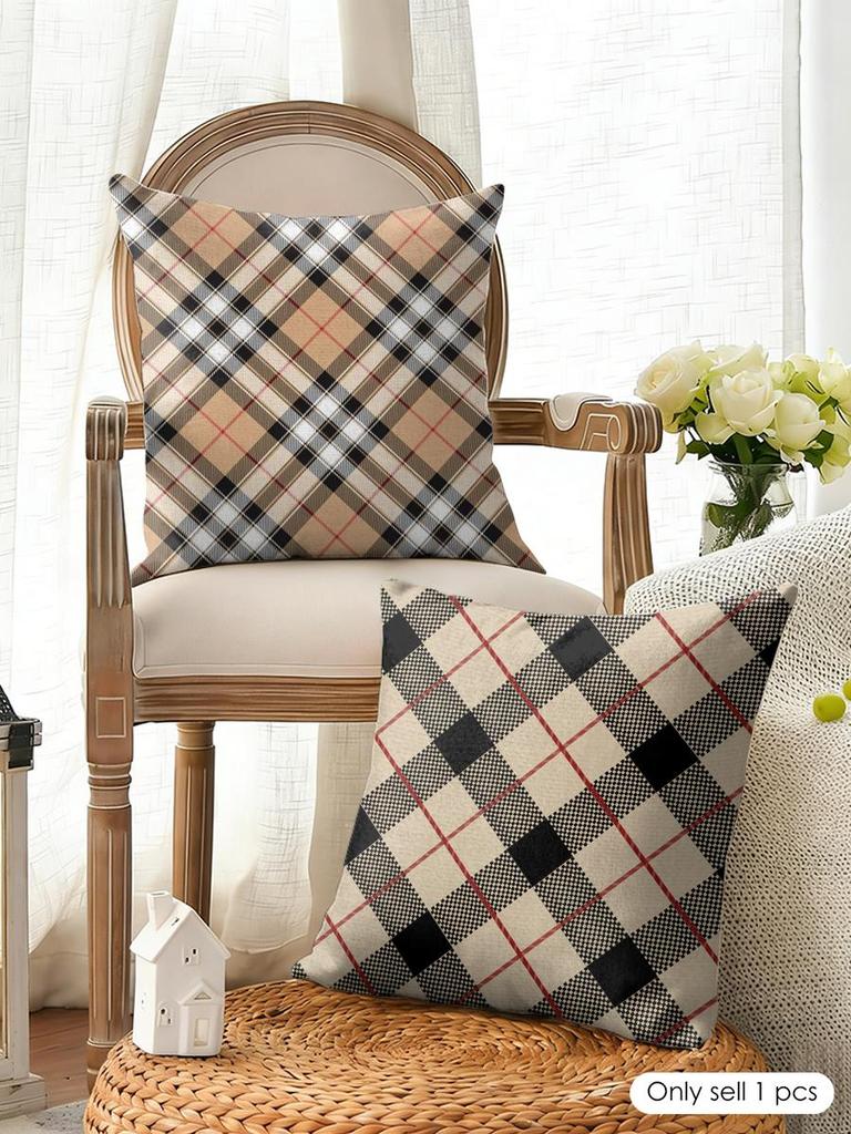 Classic Brown Plaid Cushion Cover Natural Linen Organic Fabric Double-Sided Printing Breathable Perfect For Home Decor