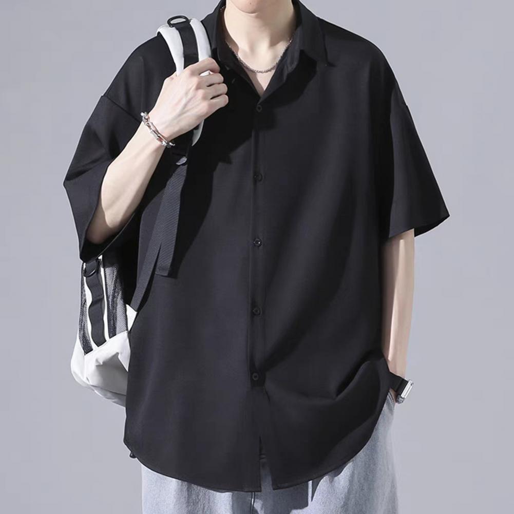 Men Spring Top Men's Casual Loose Fit Ice Silk Shirt with Turn-down Collar Half Sleeves Stylish Button-up Top for School Dating