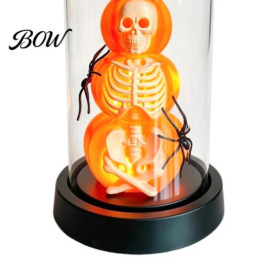 Halloween Souvenir Decor Pumpkin Skeleton Cloche Lamp, Lighted Stacking Skull in Clear Atmosphere Night Light Dome with Witch Hat for Tabletop Mantel,